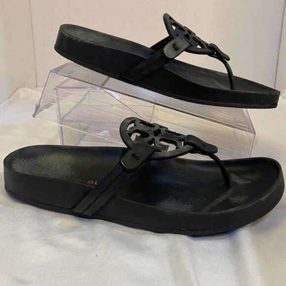 Tory Burch Miller Cloud Leather Logo Thong Sandals Black Slip-On Slides 8 - Picture 1 of 11